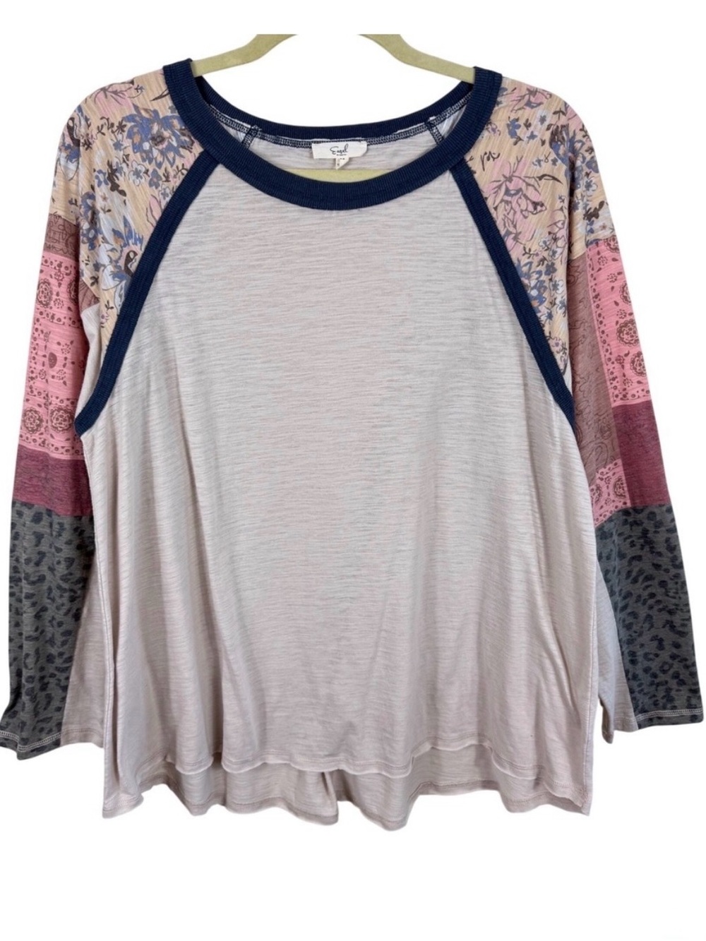 Easel Womens Mixed Print Raglan Top Long Sleeve Floral Leopard Slub Knit Medium